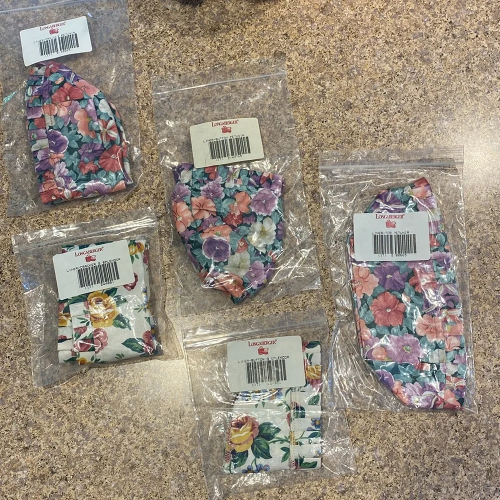 5 Longaberger Fabric Liners Garden Splendor Petunia Tea Cracker Button